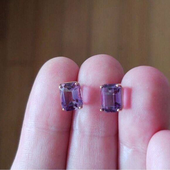 HP💎14k💎Gold Vintage Clyde Duneier Amethyst Emerald Cut Earrings NEW/NOS - Picture 6 of 10